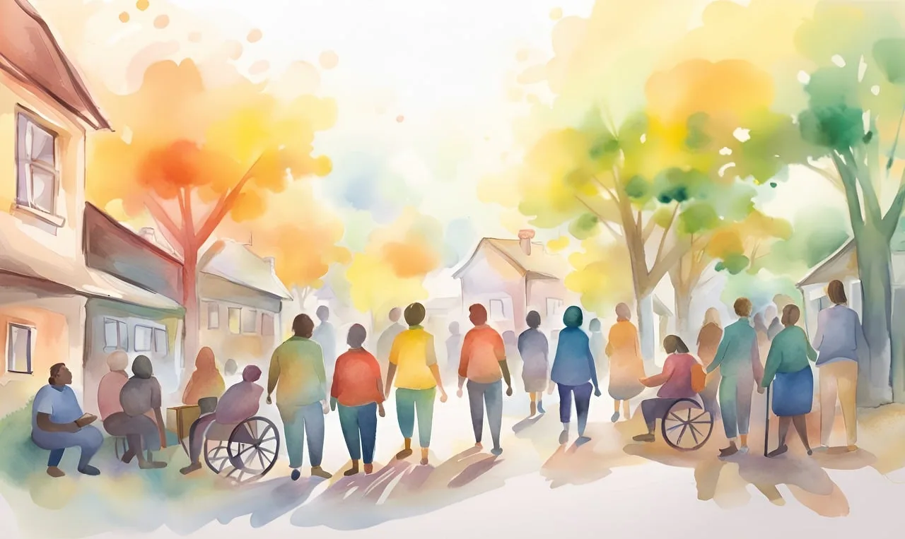Water color image of people gathered in a neighborhood.