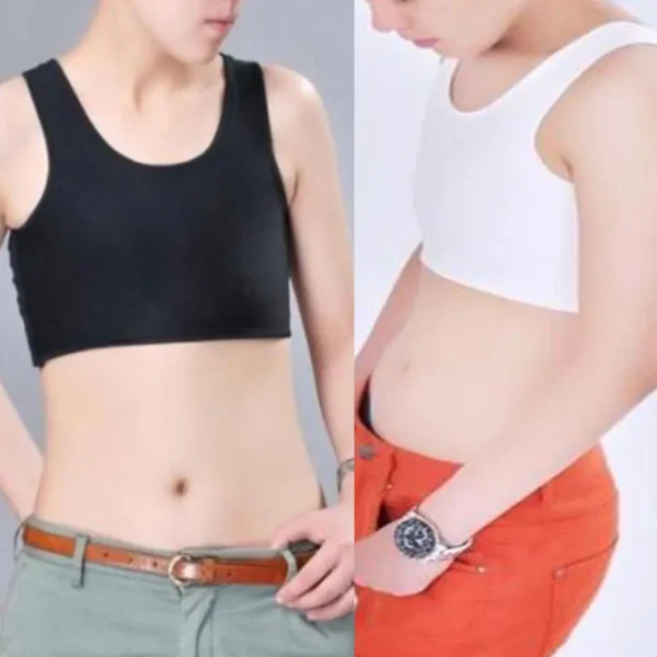 Left side, person wearing black chest binder. Right side, person wearing white chest binder.