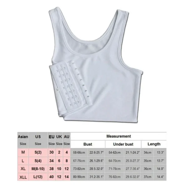 White chest binder with a size chart below